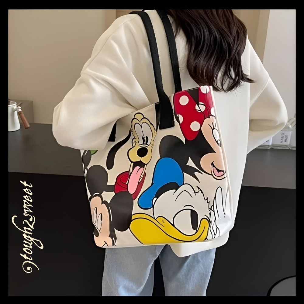 🆕️LAST 1❤️DISNEYS PLUTO & FRIENDS LARGE CAPACITY CREAM ZIPPERED CANVAS TOTE BAG